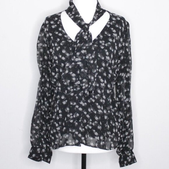 Michael Michael Kors Black Grey Floral Print Long Sleeve Blouse Size S - Picture 1 of 16